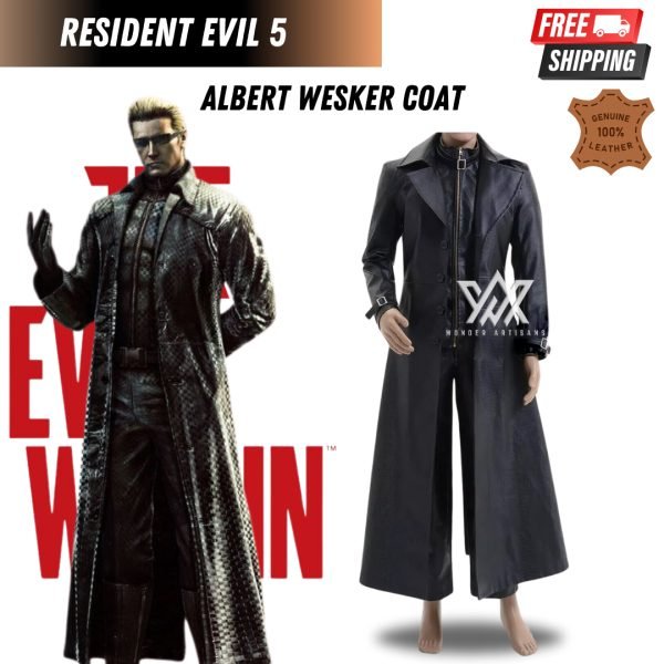 Resident Evil 5 Albert Wesker Coat: Black Faux Leather Trench for Cosplay - Albert Wesker Coat Perfect for Resident Evil 5 Cosplay & Outfit