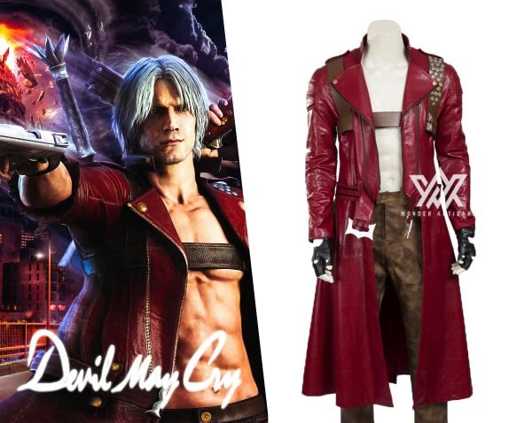 Devil May Cry 3 Dante Cosplay Costume Red Leather Coat with Gun Holster Gaming Outfits - Screen Authentic Costume