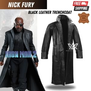 Iron Man 2 Nick Fury Leather Trench Coat - Long Coat Inspired by Marvel Nick Fury | Leather Long Coat for Men | Marvel Inspired Long Jacket