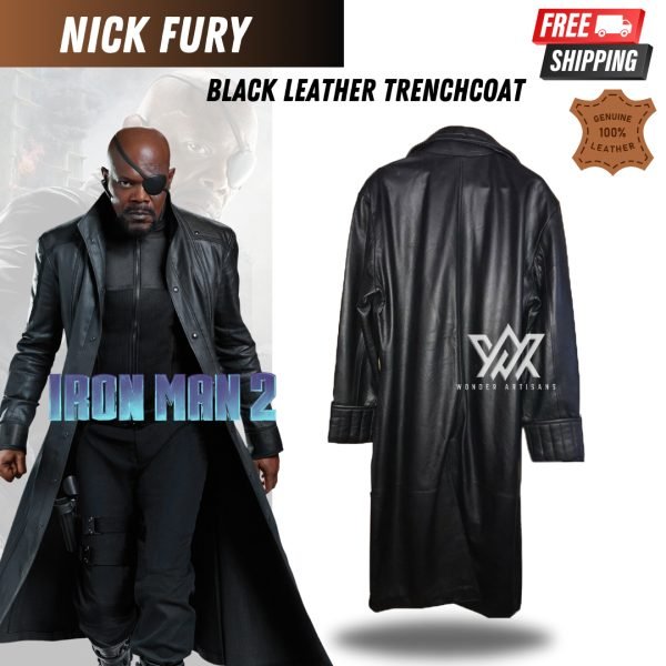Iron Man 2 Nick Fury Leather Trench Coat - Long Coat Inspired by Marvel Nick Fury | Leather Long Coat for Men | Marvel Inspired Long Jacket - Image 2